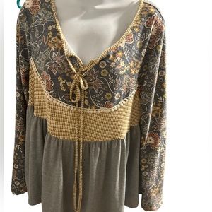 Grey & Rust Ethnic Floral Pointelle Pompom Lace Top large by sugarfox